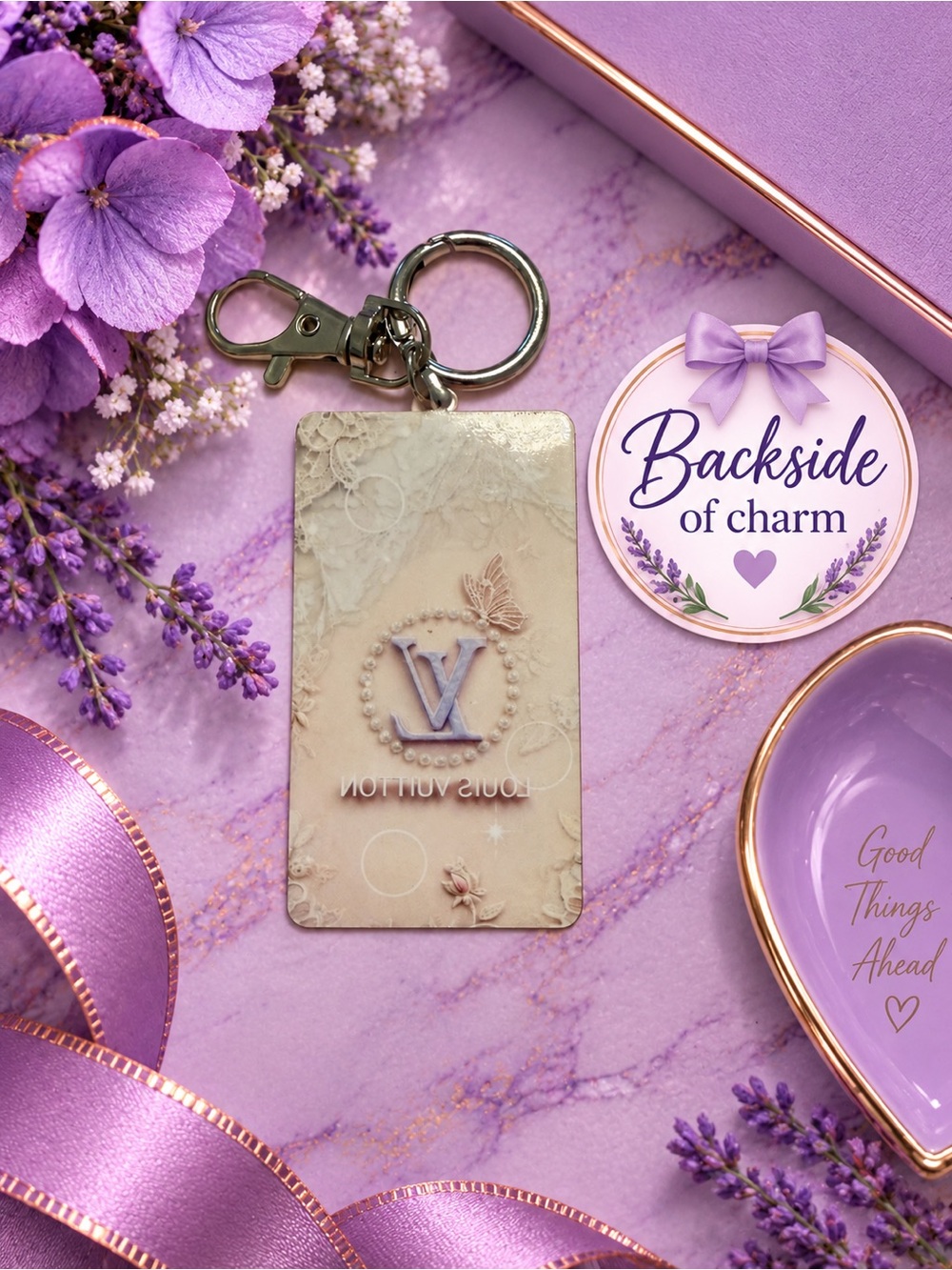 Cream & Lavender Butterfly Acrylic Bag Charm Keychain | Silver Tone - Picture 2 of 2